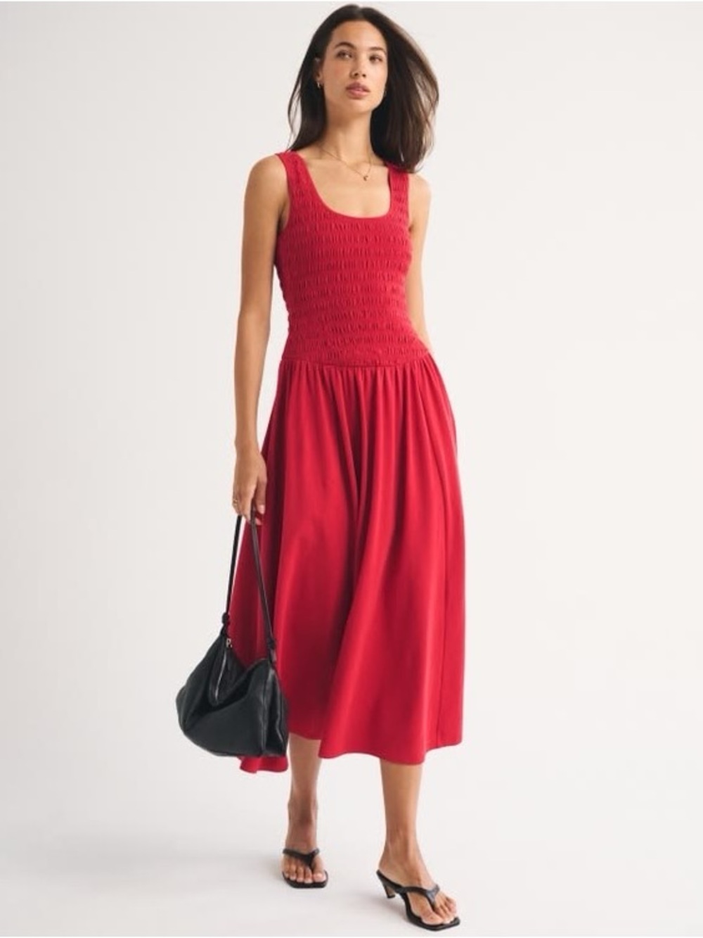 Abercrombie & Fitch Red Smocked Tank Midi Dress